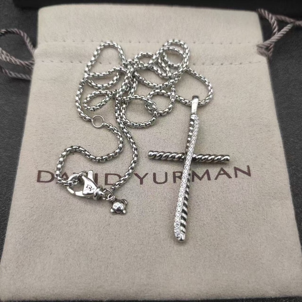 David Yurman Cable Cross Necklace Sterling Silver Pave Diamonds